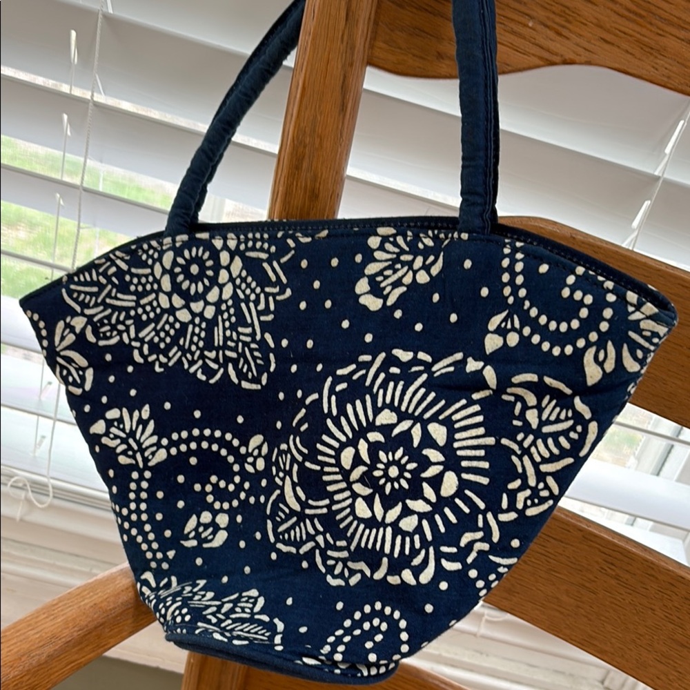 Hand-Made Blue and White Floral Canvas Small Tote Bag